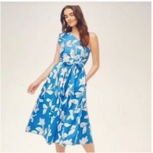 NWT J. CREW Factory Cotton One-Shoulder Blue White Floral Midi Dress Size 8